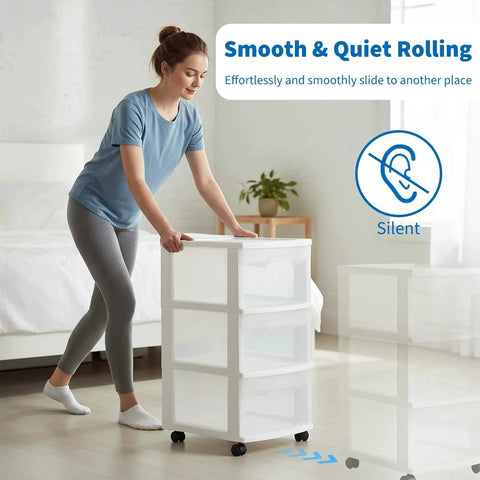Person moving drawer cart with 4 Pack Swivel Caster Wheels For Sterilite 3 Drawer Cart Replacement 1.5 Inch Nylon Wheels M6 Stem