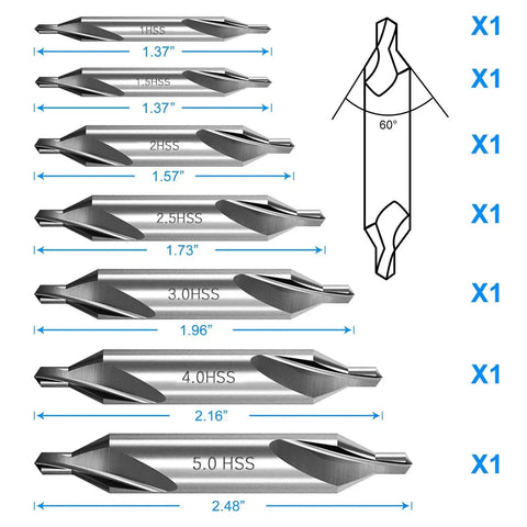7 Piece Center Drill Bits Set In M2 High Speed Steel For Lathe And Metalworking With 60 Degree Angle Countersink Drill Bits Kit Including Sizes 1.0 1.5 2.0 2.5 3.0 4.0 5.0 Pro Grade, shown with measurements and diagram.