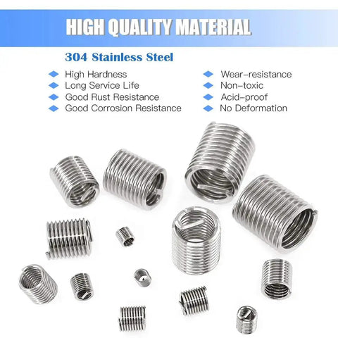 Stainless Steel Thread Inserts Kit 84 Pcs Set For Thread Repair M3 To M12 showcasing various sizes of 304 stainless steel coiled wire sleeves.