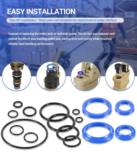 Pallet Jack O Ring Seal Kit For Jet W Pallet Jack PT2748W PT2748LW PT2748L parts with installation guide, blue and black seals visible.