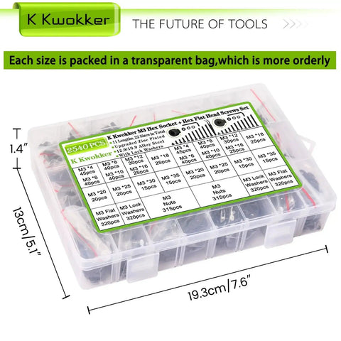 M3 Screw Kit Set With 2540 Pieces Packed With Socket Head And Flat Head M3 Screws From 4mm To 35mm in plastic box