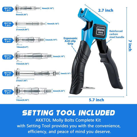Heavy-Duty Molly Bolts For Drywall And Plaster Walls Kit, Hollow Wall Anchors Set With 6 Sizes And Setting Tool, 36 Pieces