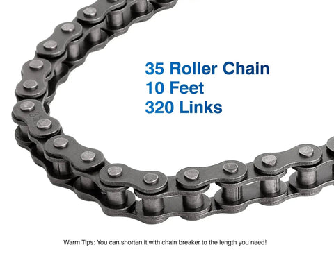 Close-up of 35 Roller Chain 10 Feet 320 Links With Chain Breaker And 5 Connecting Links, made from 40Mn carbon steel