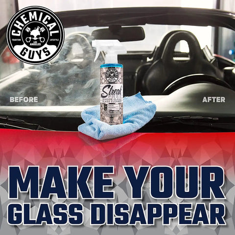 Streak Free Glass And Window Cleaner That Delivers Crystal Clear Windows For Car, Truck, SUV And Home, Mirrors And Navigation Screens, Ammonia Free And Safe On Tinted Glass 473 Ml From Chemical Guys on car dashboard with microfiber cloth.