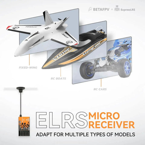 ExpressLRS Micro Receiver With Five PWM Outputs Failsafe And IPEX MHF T Antenna Compatible For Multirotors Fixed Wing Boats And RC Cars Plug And Play Easy To Install CRSF Firmware Support For TX RX Mapping showing compatible models like fixed-wing planes, RC boats, and cars.