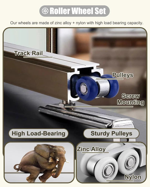 Pocket Door Track Kit For Barn Doors 5.9ft Silver Sliding And Bifold Hardware with soft close illustrated with rollers and rails
