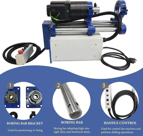 Portable Hole Drilling And Line Boring Tool For Excavators And Loaders Heavy Duty 55 To 200 Mm Boring Diameter With 5.24 Ft Connecting Bar 110V 1500W Power 300 Mm Travel For Industrial Construction BREVELTION shown with boring bar and control handle