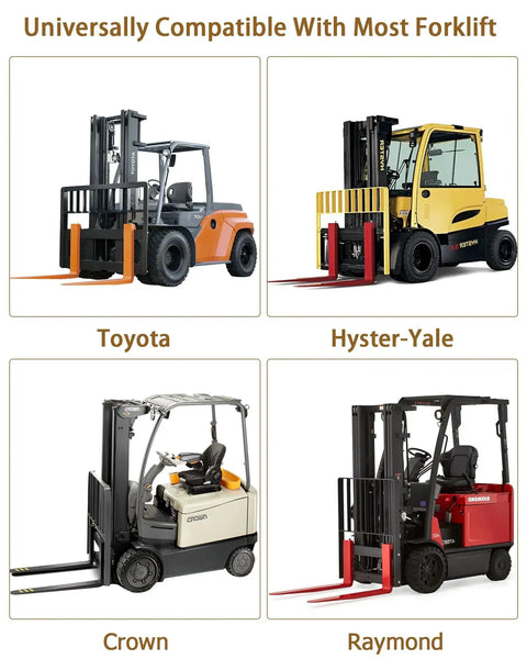 Forklifts with 72 Inch Fork Extensions for 5.5 Inch Pallet Forks Heavy Duty Steel Pair attached, compatible models shown.