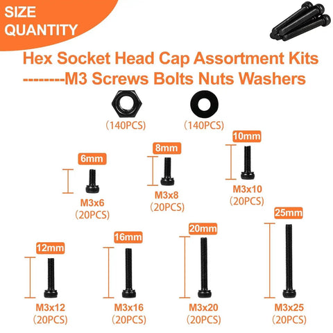M3 Hex Socket Head Cap Screw Kit For 3D Printing Premium 12 9 Grade Alloy Steel With Black Oxide Finish 140 Pcs Screws In 7 Lengths M3x6mm M3x8mm M3x10mm M3x12mm M3x16mm M3x20mm M3x25mm Nuts And Washers Included Sweet Tinkerers Pick
