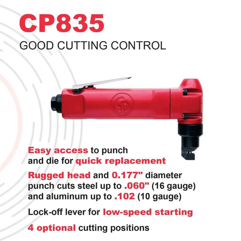 CP835 Air Nibbler Cutter with 0.177 inch punch, ergonomic design shown on white background with specs, rugged head visible