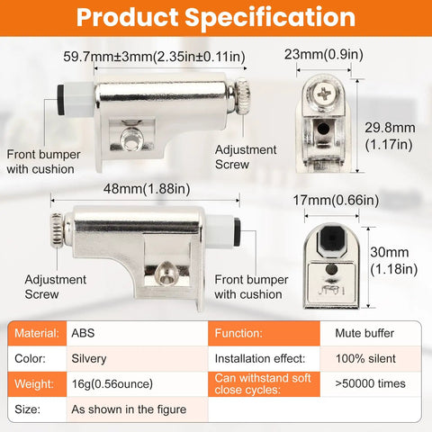 Product specifications for 5 Pcs Soft Close Damper For Cabinet Doors And Wardrobe Doors, showing dimensions and material.