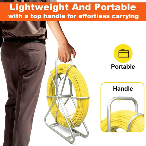 Person carrying Heavy Duty Pro Grade Fiberglass Duct Rodder Fish Tape 6mm x 500ft with durable steel stand