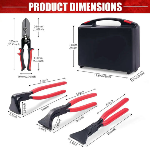 Sheet Metal Tools Set For DIY And Home Projects With Ten And A Half Inch Five Blade Crimper And Three Piece Hand Seamers dimensions