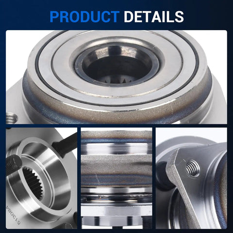 Front Wheel Hub And Bearing Assembly 5 Lug Fits Jeep Wrangler Grand Cherokee TJ Comanche Wagoneer 1989 Through 1999 Replacement With Durable Bearings And Easy Bolt On Install, featuring detailed close-up views of assembly components.