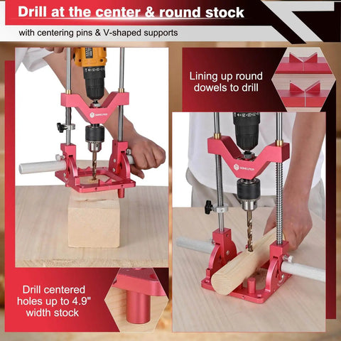 Heavy Duty Portable Drill Guide Built Tough For Straight Holes 0 To 60 Degree Angled Drilling With Hand Drill To Drill Press Adapter Precision Adjustable Drill Jig Attachment Featuring Dual Lock Stabilization And A Half Inch Chuck in use, aligning round dowels for precision drilling on wood surface.