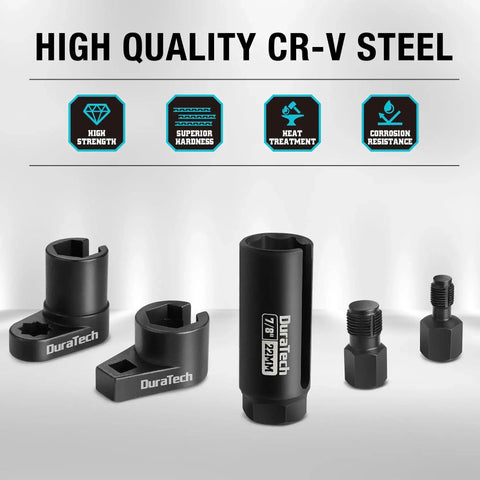 Five Piece Oxygen Sensor Socket And Thread Chaser Kit For Cars With 22mm Offset Sockets In One Half Inch And Three Eighth Inch Drives