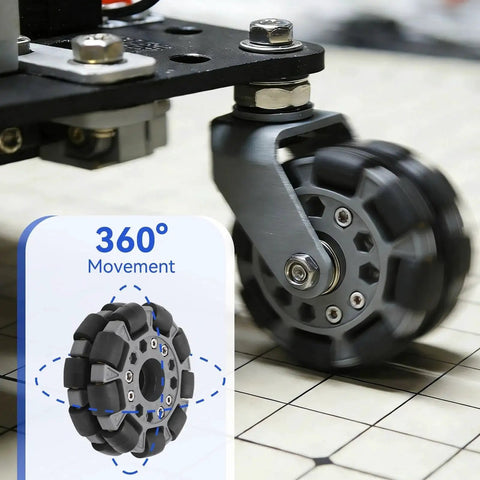 Close-up of 100mm omnidirectional wheel for robot platform with dual plastic wheel set and rubber rollers, showing 360° movement capability.
