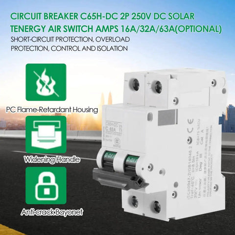 2-Pole 250V DC Miniature Circuit Breaker for Solar Systems with DIN Rail Mount, C65H-DC, 32A, front view with features