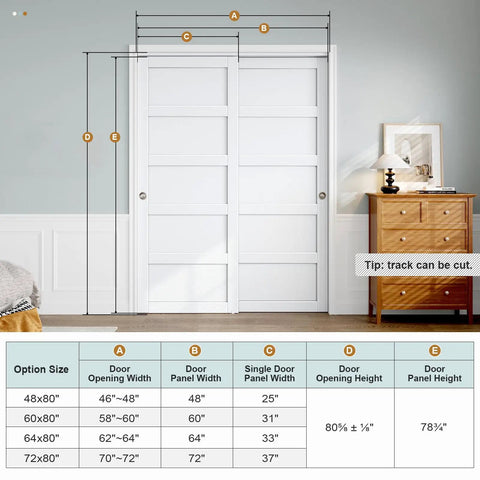 Sliding Closet Door 48x80 Inches, Five Panel Bypass Barn Doors With Concealed Hardware Track Kit Included, White Finish, Installed in Bedroom