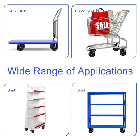 Applications of 5 Inch Heavy Duty Caster Wheels No Noise Swivel Plate Casters With Brake Lock for carts, trailers, shelves on various surfaces.