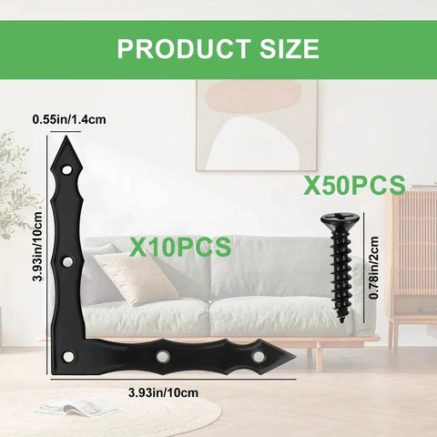 Decorative L Shaped Corner Brackets Set Of 10 In Rustic Black Finish, size 100x100x15mm, displayed with screws