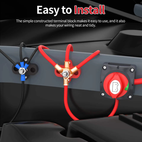 Installed view of 12V 250A Power Distribution Block Set with Single 5/16 Inch Studs for Marine Automotive Car Boat Solar Systems