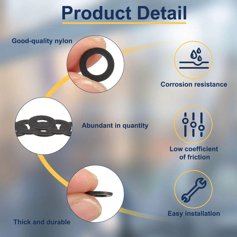 Heavy Duty M5 Nylon Flat Washers Set 120 Pieces shown in detail, featuring material, corrosion resistance, and ease of installation.