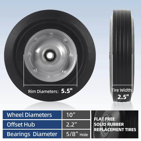 Two Pack 10 Inch By Two Point Five Inch Flat Free Solid Rubber Replacement Tires And Wheels For Hand Trucks And Wheelbarrows