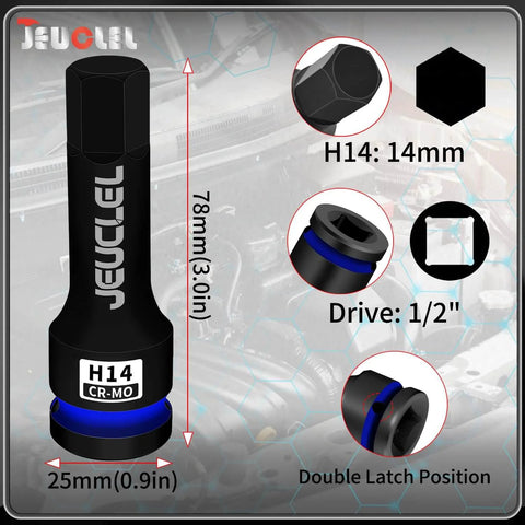 14mm Hex Impact Socket H14 One Half Inch Drive Lengthened Chromium Molybdenum Steel Allen Socket showing dimensions and features.