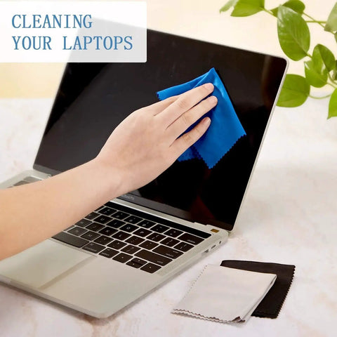 Person cleaning laptop screen with microfiber cloths, Microfiber Cleaning Cloths For Glasses And Screens 50 Pack 6x7 Inches in use