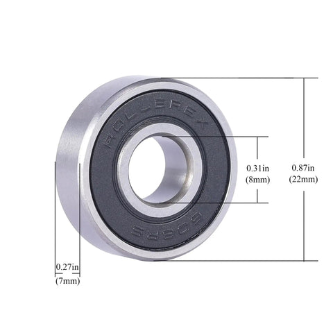 608-2RS Pre Lubricated Skate Wheel Bearings 20 Pack For Roller Skates Inline Skates Roller Blades Scooters RipStiks And Skateboards ABEC 5 Chrome Steel Or ABEC 1 Carbon Steel By Rollerex Atlas For Smooth Quiet Rides And Easy Install, showing dimensions of 8mm inner and 22mm outer diameter