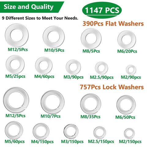 Assorted stainless steel flat and lock washers kit; 9 sizes (M2–M12), 1147 pcs, Amazon.