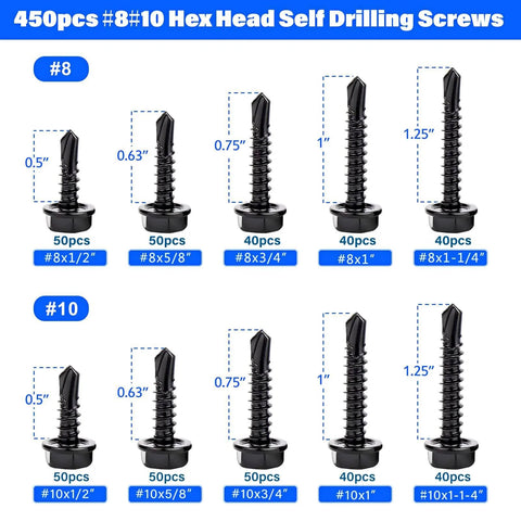 450pcs set of black 410 stainless hex head self-drilling screws, sizes #8 and #10, 1/2 to 1-1/4 in long