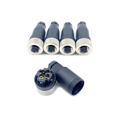 Five M12 4 Pin A Code Female Connector Field Wireable Adapter 12mm IP67, showing both assembled and open connectors, for PG7 Cable.