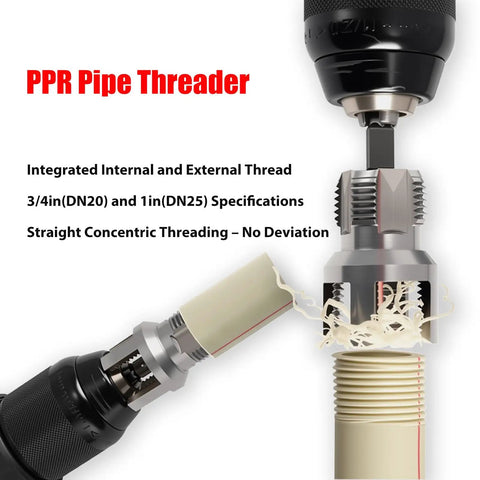 Pro Grade PPR Pipe Threading and Reaming Tool Kit showing electric drill style threader and reaming bit on PVC pipe.