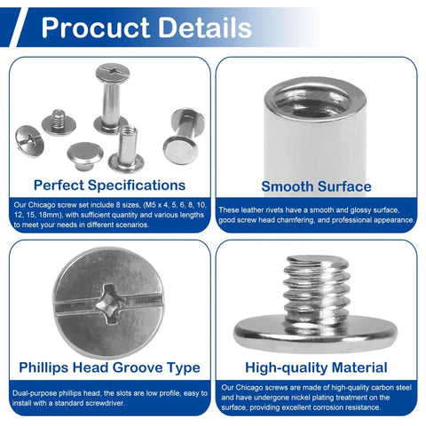 130 Sets Chicago Screws Kit in Silver for Leather Crafting and Gear Making, showing specifications and features like smooth surface.