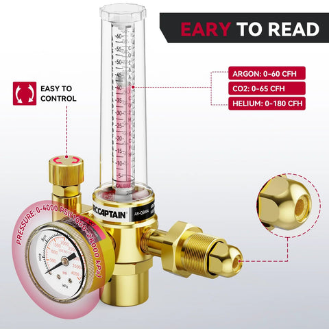 ARCCAPTAIN welding gas regulator with flow meter, brass body, CGA580 inlet, 0-4000 PSI, 0-180+ CFH, 8.2 ft hose