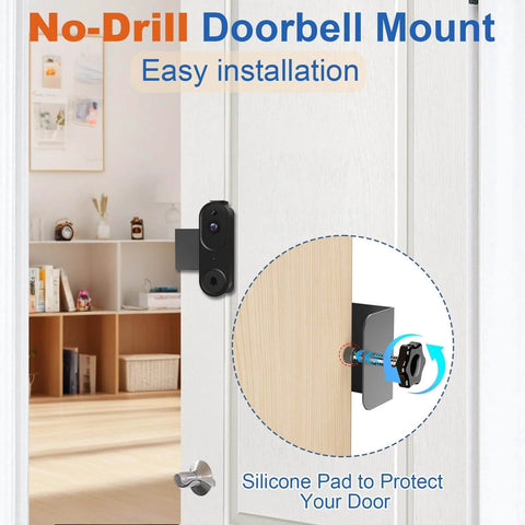 Anti Theft No Drill Doorbell Mount For Video Doorbells Like Orbitell And Reolink, shown installed on apartment door.