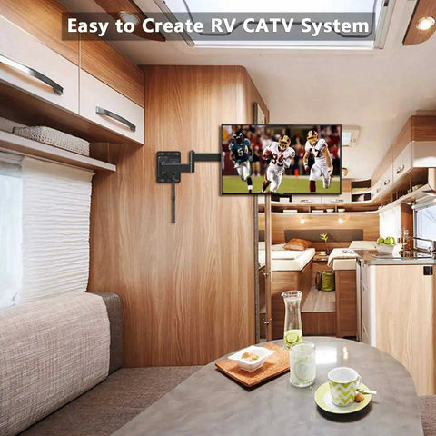 HDMI To RCA To RF Modulator Coaxial UHF Converter Adapter in RV with wall-mounted TV, showing ease of creating CATV system.
