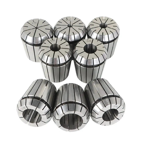 Beefy 10-Piece Collet Chuck Set With NMTB 40-Taper, 2 To 26 mm clamping, eight ER40 collets close-up, CNC tool holder kit.