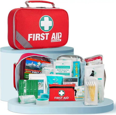 2 In 1 First Aid Kit Set With 215 Hospital Grade Items Plus 43 Piece Mini Kit, open view showing contents