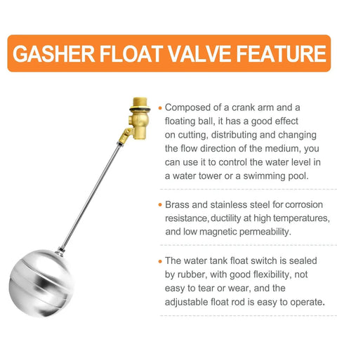 Three Quarter Inch Float Ball Valve With 304 Stainless Steel Float And Brass Body Three Quarter G Female To Three Quarter NPT Male Adapter Adjustable Water Tank Level Control For Stock Tanks And Pool Applications DIY Friendly shown with specifications and features