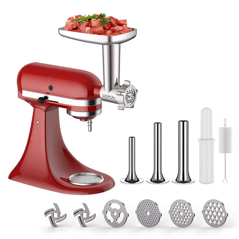 Metal Meat Grinder Attachment For KitchenAid Stand Mixers With Four Grinding Plates Two Grinding Blades And Three Sausage Tubes Includes All You Need For Fresh Ground Meat Grinds Like A Champ For Home Cooks Fits Cuisinart SM 50 Series with components displayed.