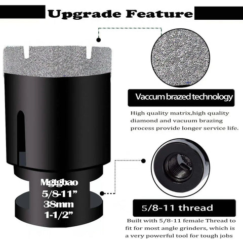 Dry Diamond Core Drill Bits For Porcelain Tile Granite Marble Glass Vacuum Brazed Hole Saw Kit Pro Grade With Five Eighth Inch Thread Three Sixteenth Inch Diameter Two Point Four Inch Total Length And One And Five Eighth Inch Max Cutting Depth showing vacuum brazed feature and thread type.