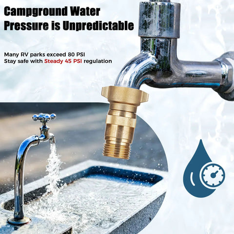 Brass RV water pressure regulator with filter, 3/4 inch GHT, preset 40–50 PSI for RVs, campers, trailers.