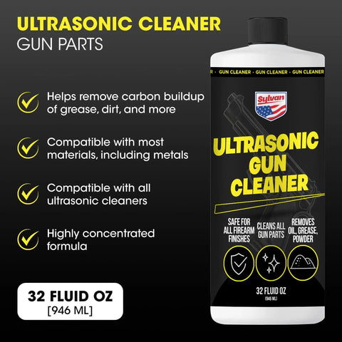 Front view of Sylvan Ultrasonic Gun Cleaner bottle, 32 fl oz, black label with yellow text