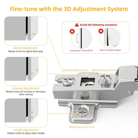 3D adjustment system for 10 Pack Half Overlay Cabinet Hinges With Self Closing Slide On Frameless Concealed Euro Hinges 105 Degree Opening