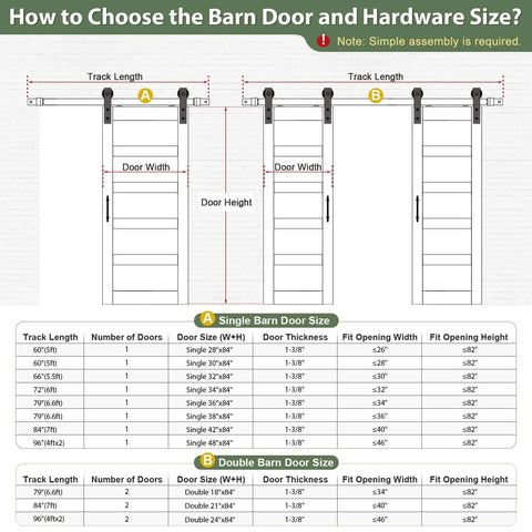 Diagram showing how to choose the barn door and hardware size, with measurements and size chart for single and double doors.
