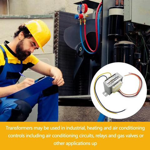 Technician inspecting HVAC system with 24V AC Transformer For HVAC Systems, Primary 120 208 240V To 24V Secondary image inset.