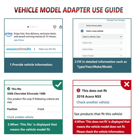Vehicle model adapter use guide showing steps to check fitment with examples for 2006 Chevy Silverado and 2018 Acura NSX.